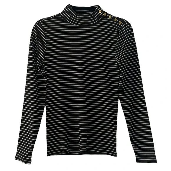 J. Crew Black Striped Gold Button Mock Neck Long Sleeve Top, S - Picture 4 of 12